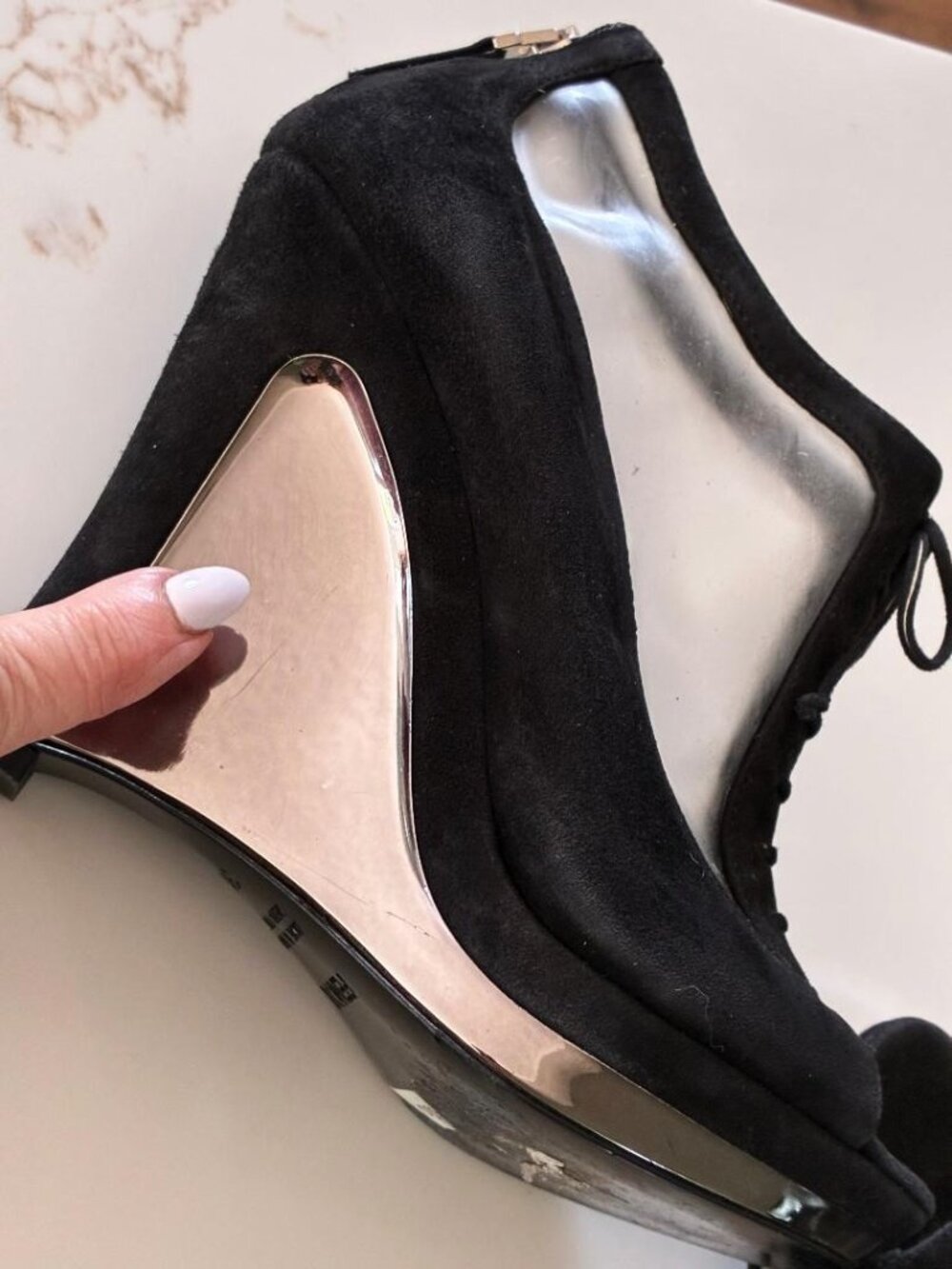 FENDI Black Suede & Clear PVC Lace-Up Peep Toe Booties Chrome Wedge Heels Sz 36